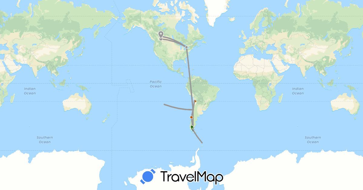 TravelMap itinerary: driving, plane, tour, self drive in Argentina, Canada, Chile (North America, South America)